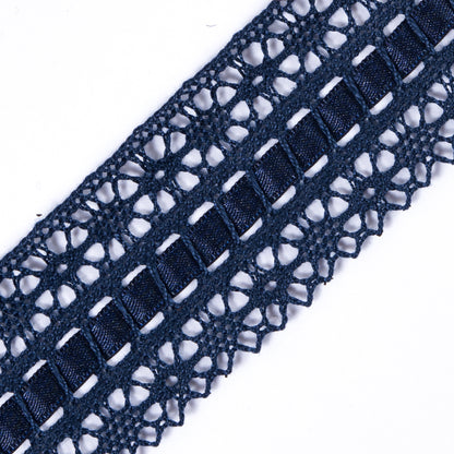 European Navy Scalloped Crochet Trim with Ribbon Detail - 1.5" Detail