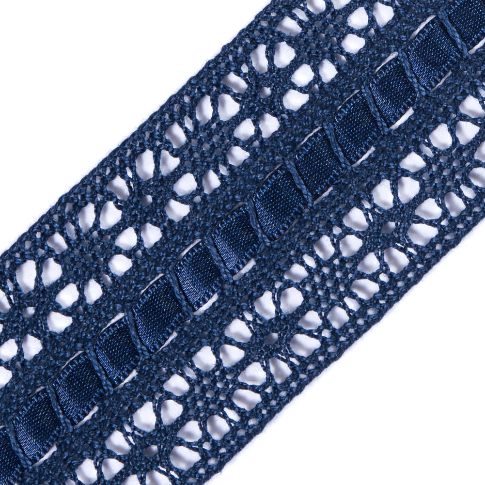European Navy Crochet Trim with Satin Ribbon Detail - 1.5" Detail