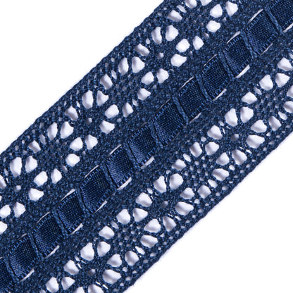 European Navy Crochet Trim with Satin Ribbon Detail - 1.5" Detail