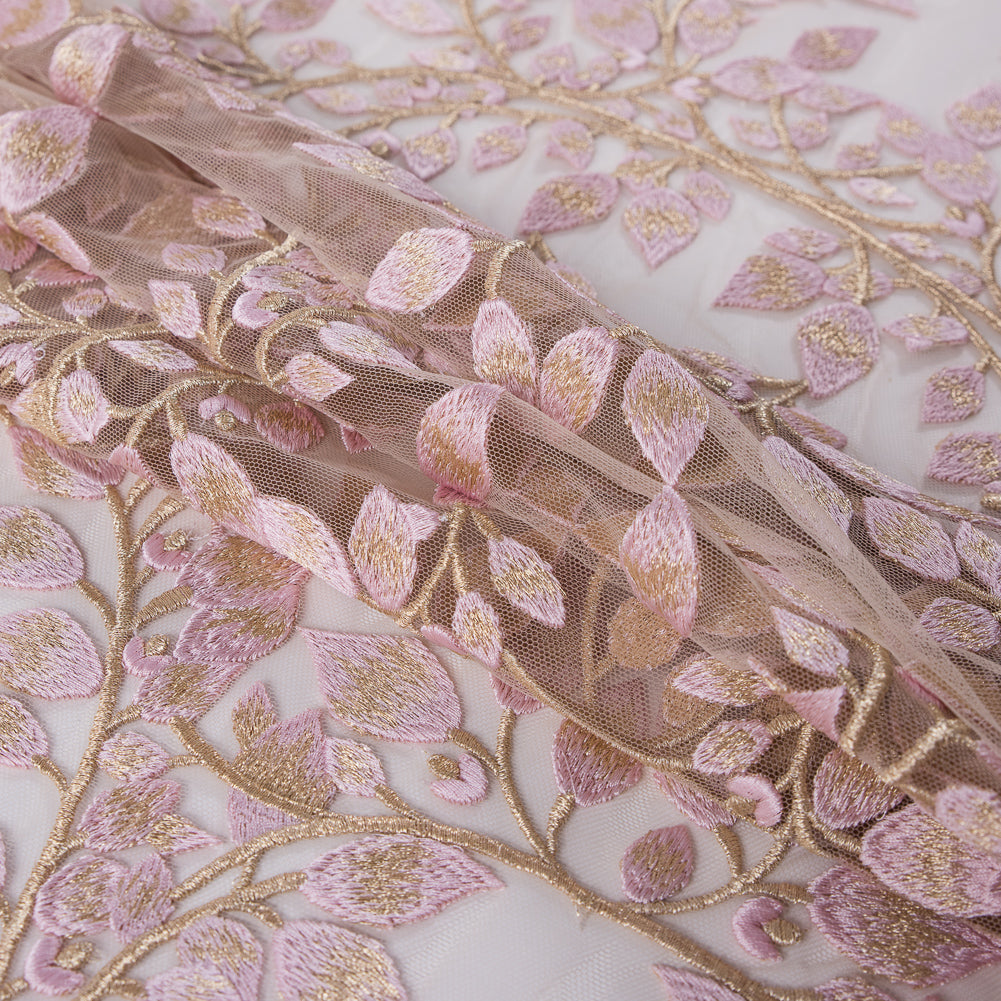 Pink and Metallic Gold Floral Novelty Embroidered Mesh - Detail