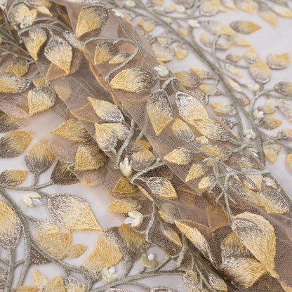 Yellow and Metallic Gold Floral Novelty Embroidered Mesh - Detail