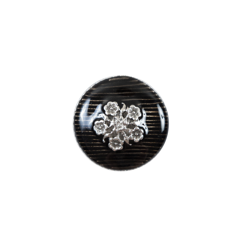 Italian Translucent Black and Silver Floral Metal Button - 24L/15mm