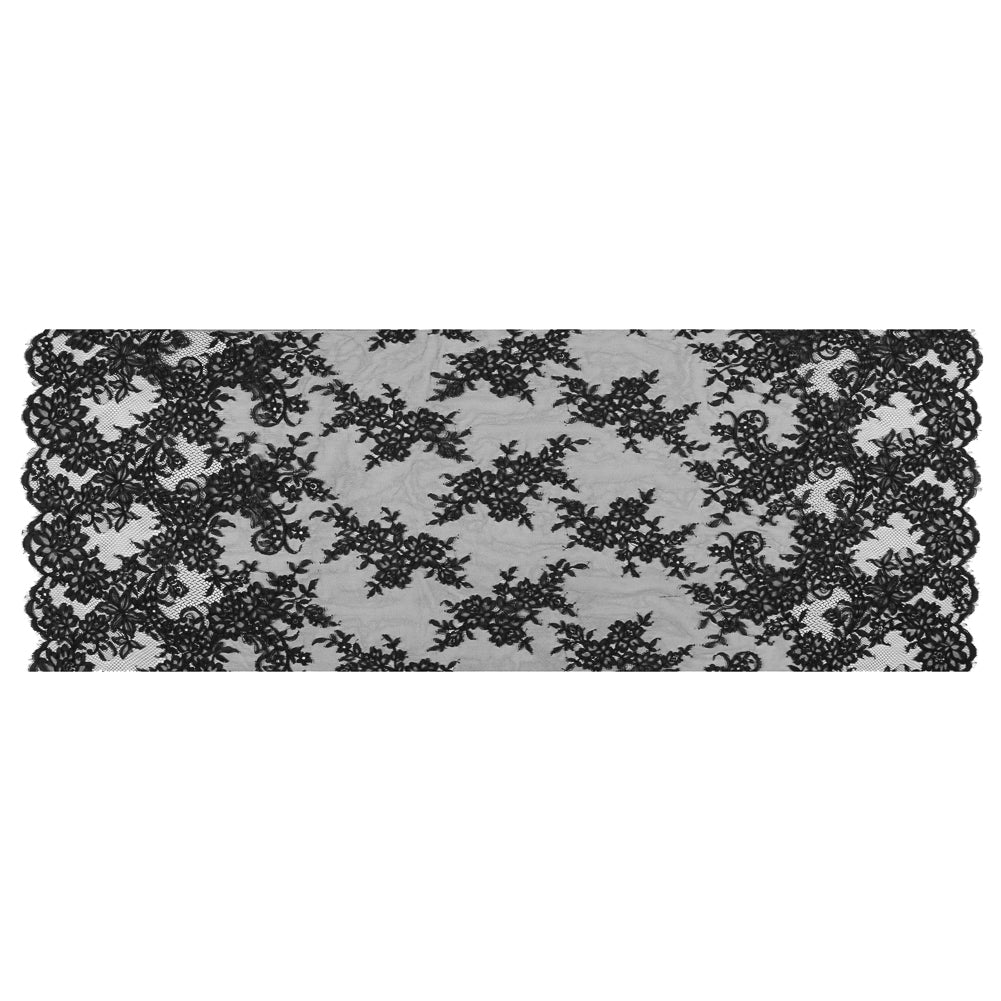 Black Floral Fancy Corded Lace with Scalloped Eyelash Edges - Folded