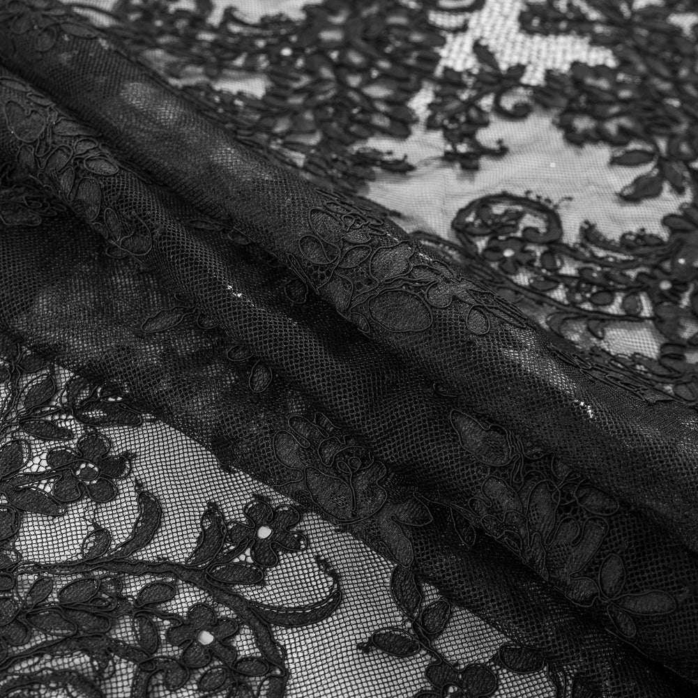 Black Floral Fancy Corded Lace with Scalloped Eyelash Edges - Detail