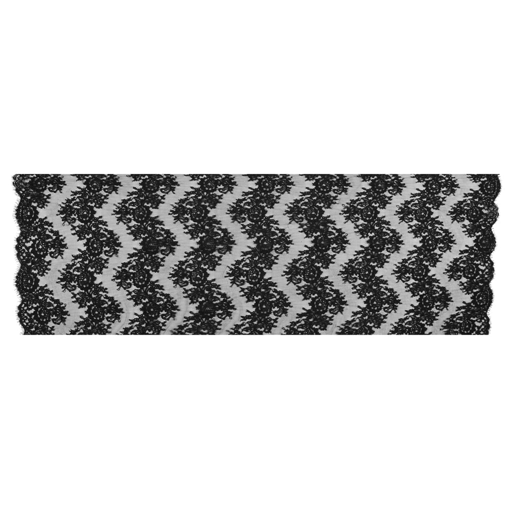 Fancy Corded Lace with Scalloped Eyelash Edges - Black Floral Chevrons Folded