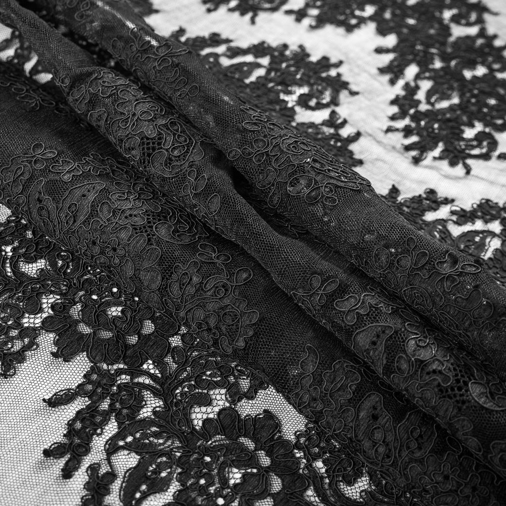 Fancy Corded Lace with Scalloped Eyelash Edges - Black Floral Chevrons Detail