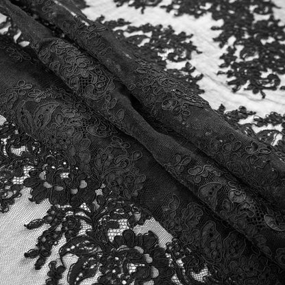 Fancy Corded Lace with Scalloped Eyelash Edges - Black Floral Chevrons Detail