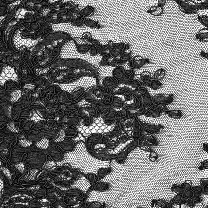 Fancy Corded Lace with Scalloped Eyelash Edges - Black Floral Chevrons Full