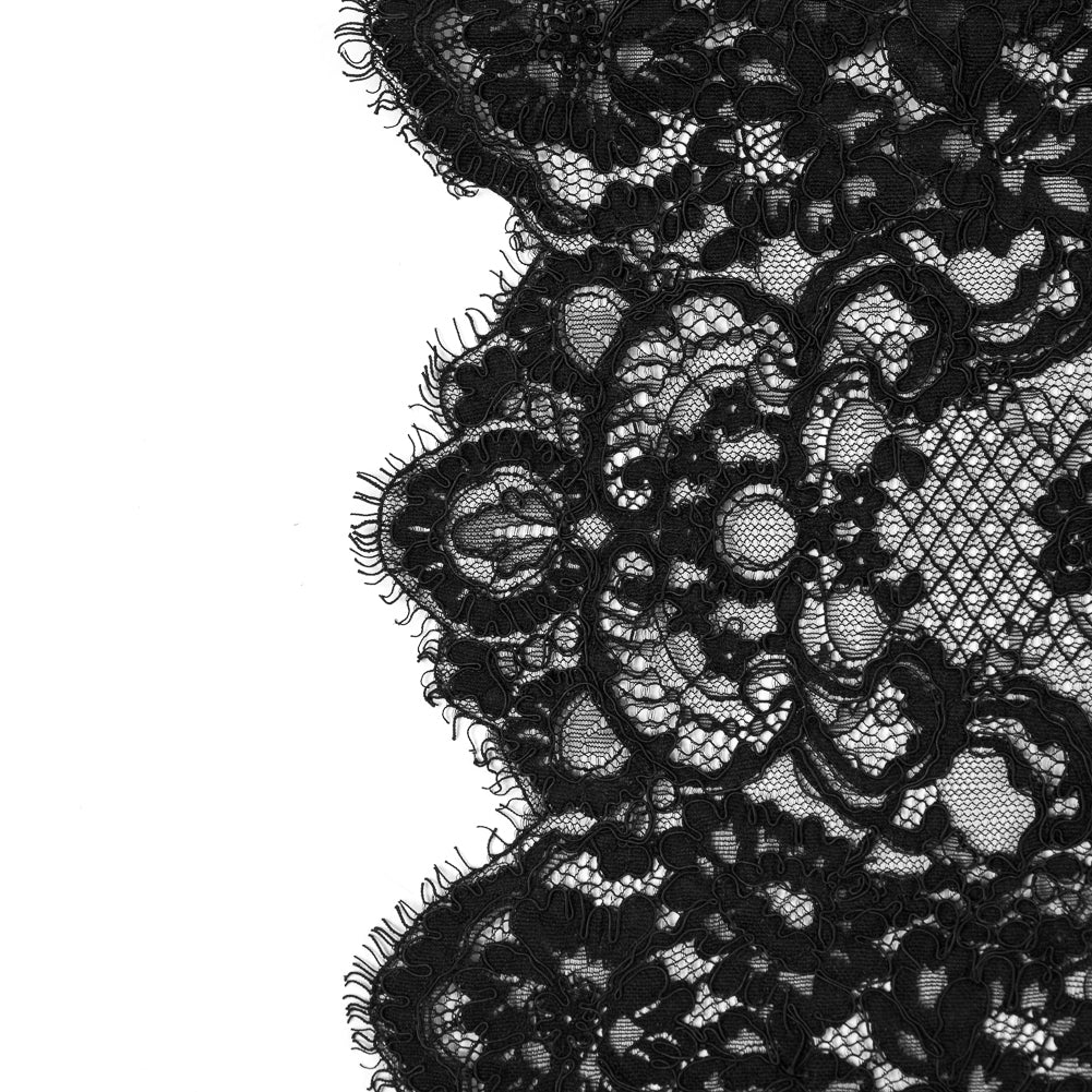 Black Floral Fancy Corded Lace with Scalloped Eyelash Edges