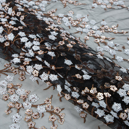Stretch Net with Sequins - White and Copper Fancy Floral Clusters on Black Folded