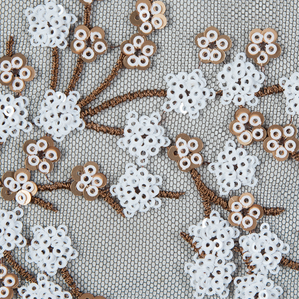 Stretch Net with Sequins - White and Copper Fancy Floral Clusters on Black Detail