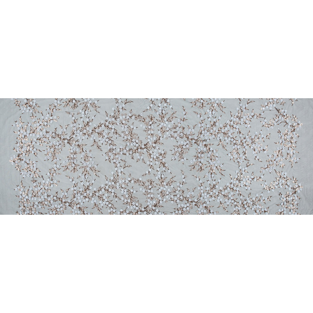 Stretch Net with Sequins - White and Copper Fancy Floral Clusters on Black Full