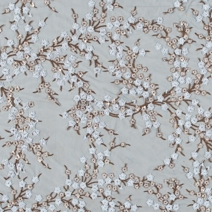 Stretch Net with Sequins - White and Copper Fancy Floral Clusters on Black