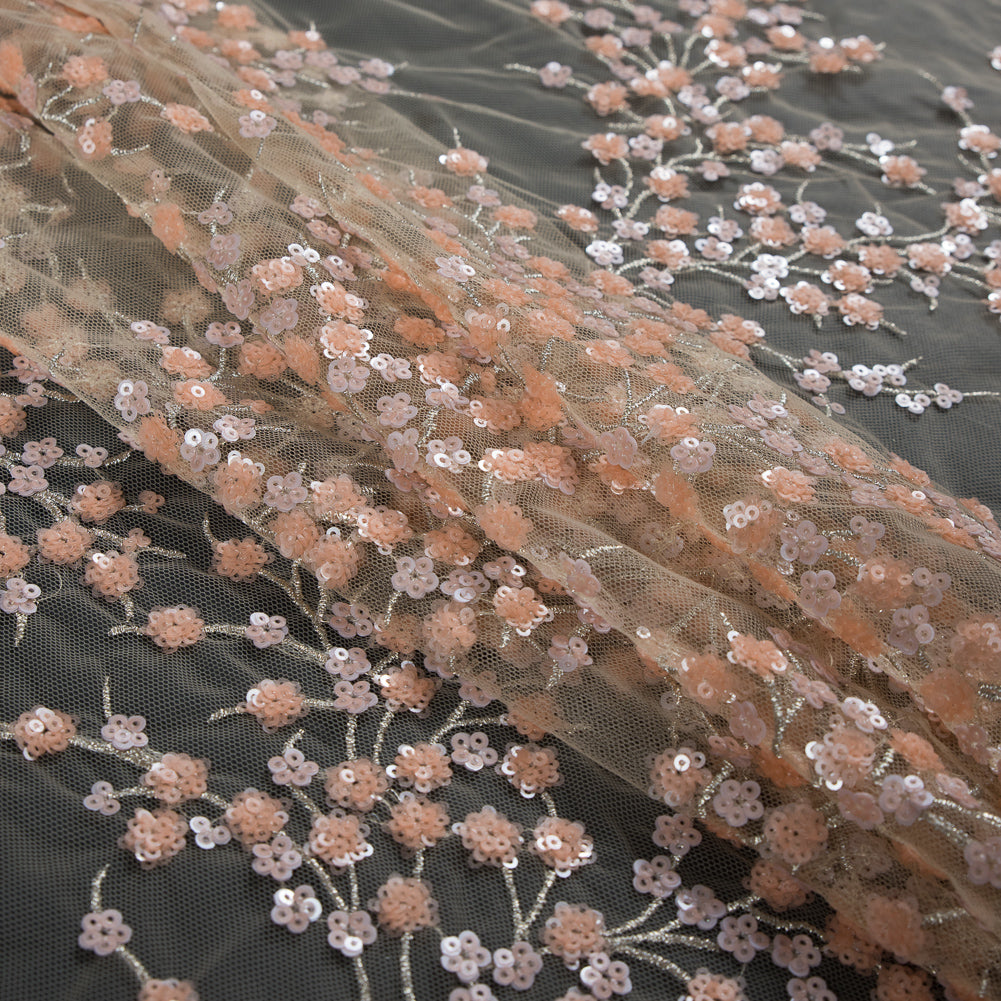 Salmon and Silver Fancy Floral Sequined Fabric on a Nude Stretch Netting - Detail