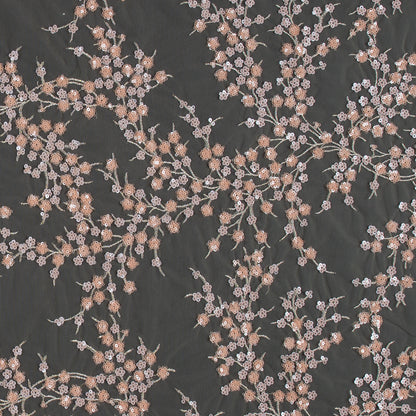 Salmon and Silver Fancy Floral Sequined Fabric on a Nude Stretch Netting