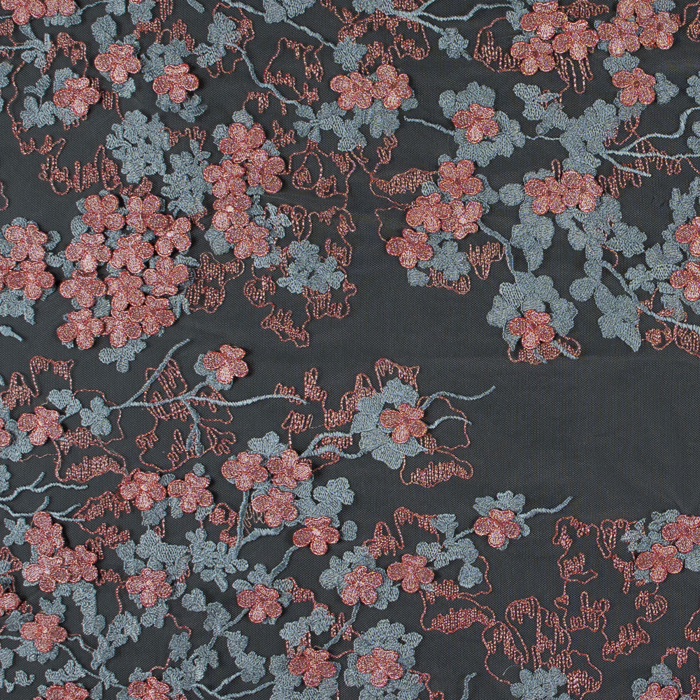 Ribbon Red and Gray Mist 3D Floral Embroidered Lace on a Stretch Netting