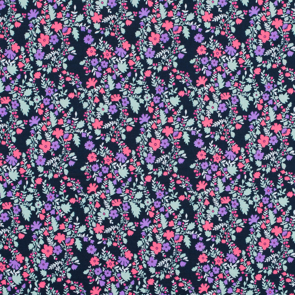 Cotton Voile Print - Hot Pink, Pale Aqua and Black Iris Floral