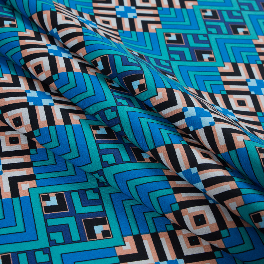 Campanula Blue and Shell Coral Geometric Cotton Poplin - Detail