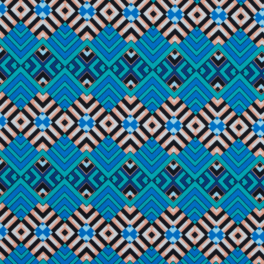 Campanula Blue and Shell Coral Geometric Cotton Poplin