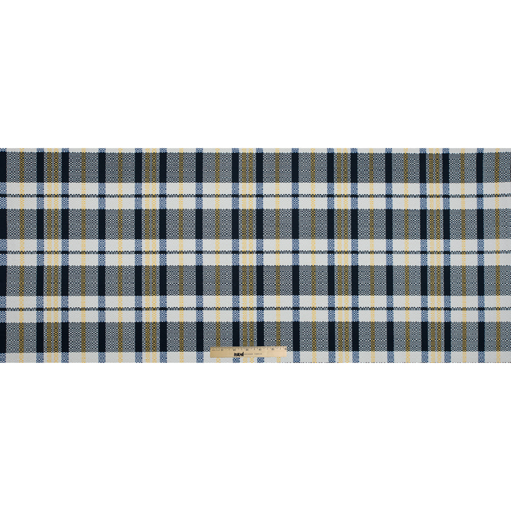 Dark Navy, Daffodil and White Swan Plaid Stretch Cotton Twill Folded