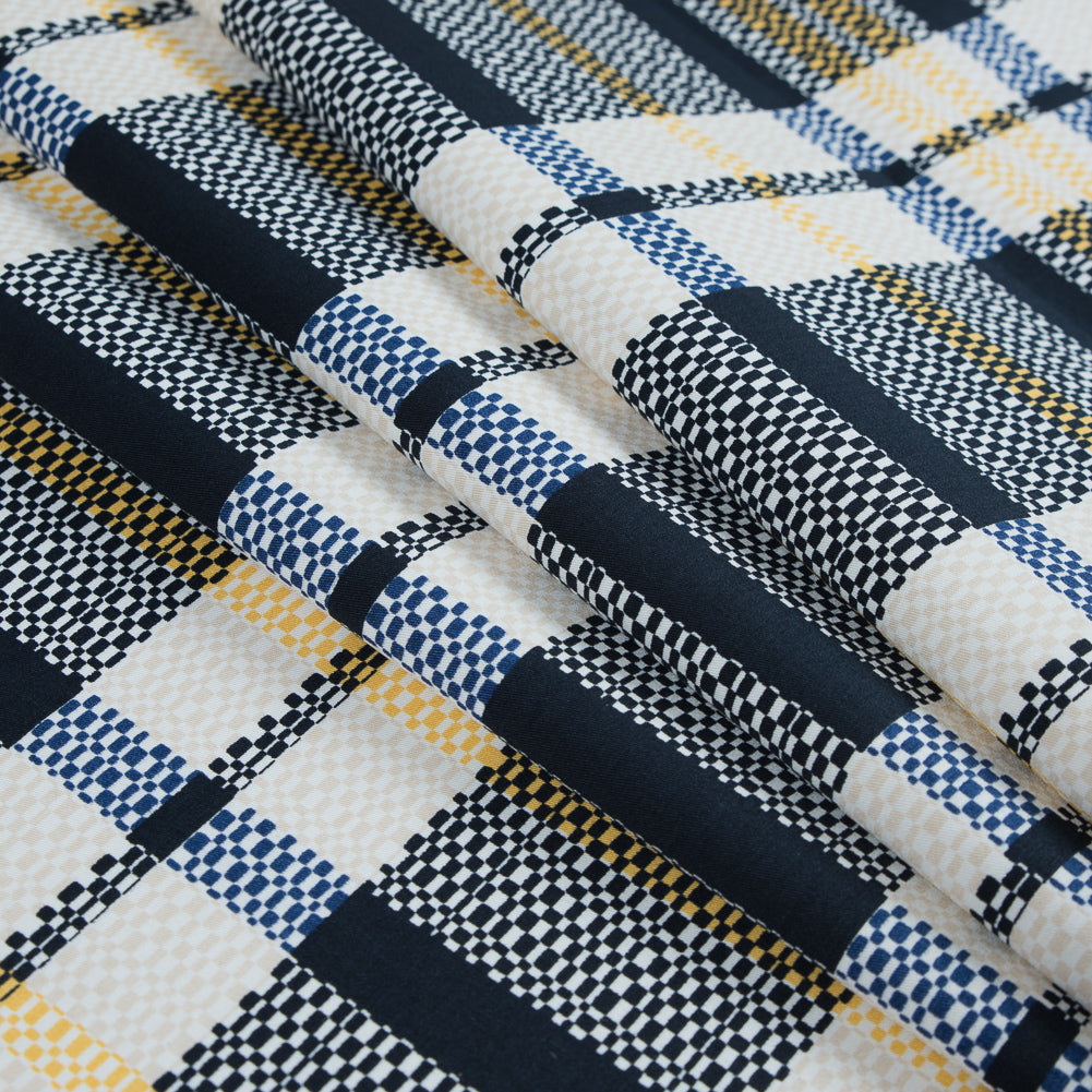 Dark Navy, Daffodil and White Swan Plaid Stretch Cotton Twill Detail