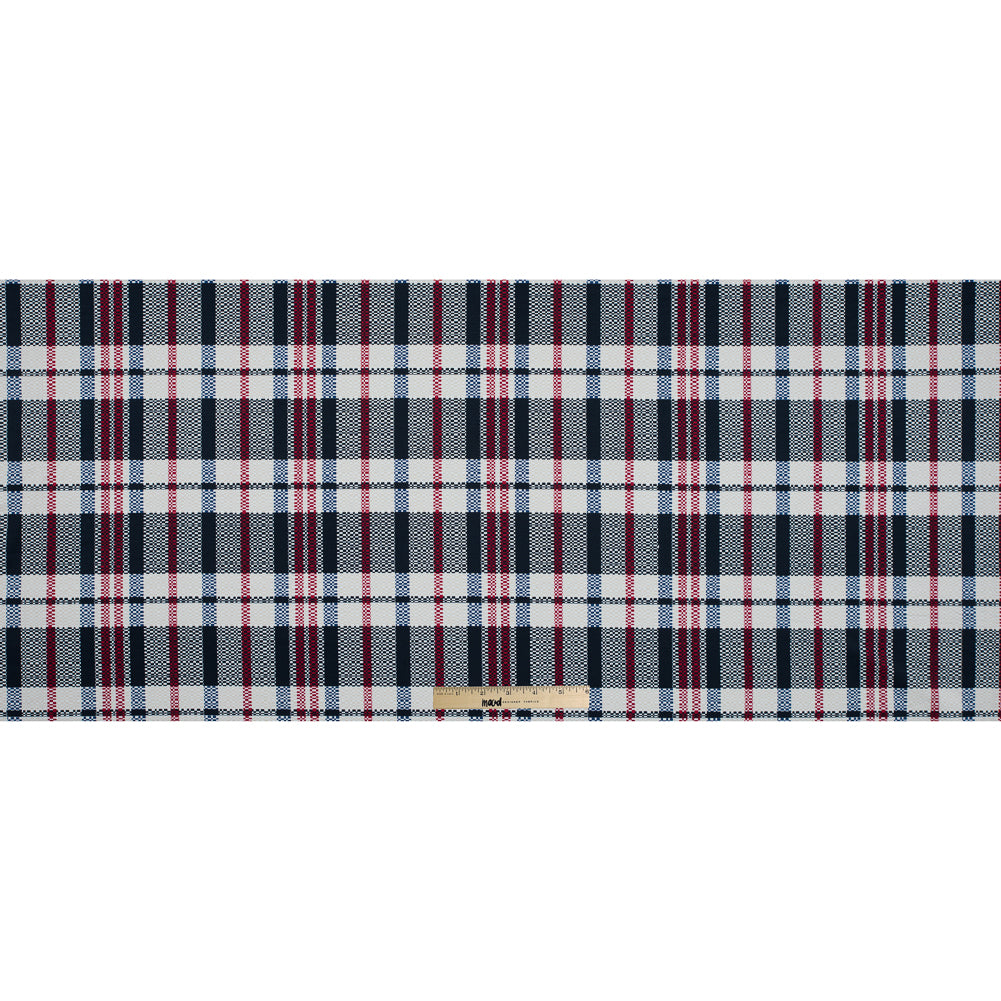 Dark Navy, Ribbon Red and White Swan Plaid Stretch Cotton Twill Folded