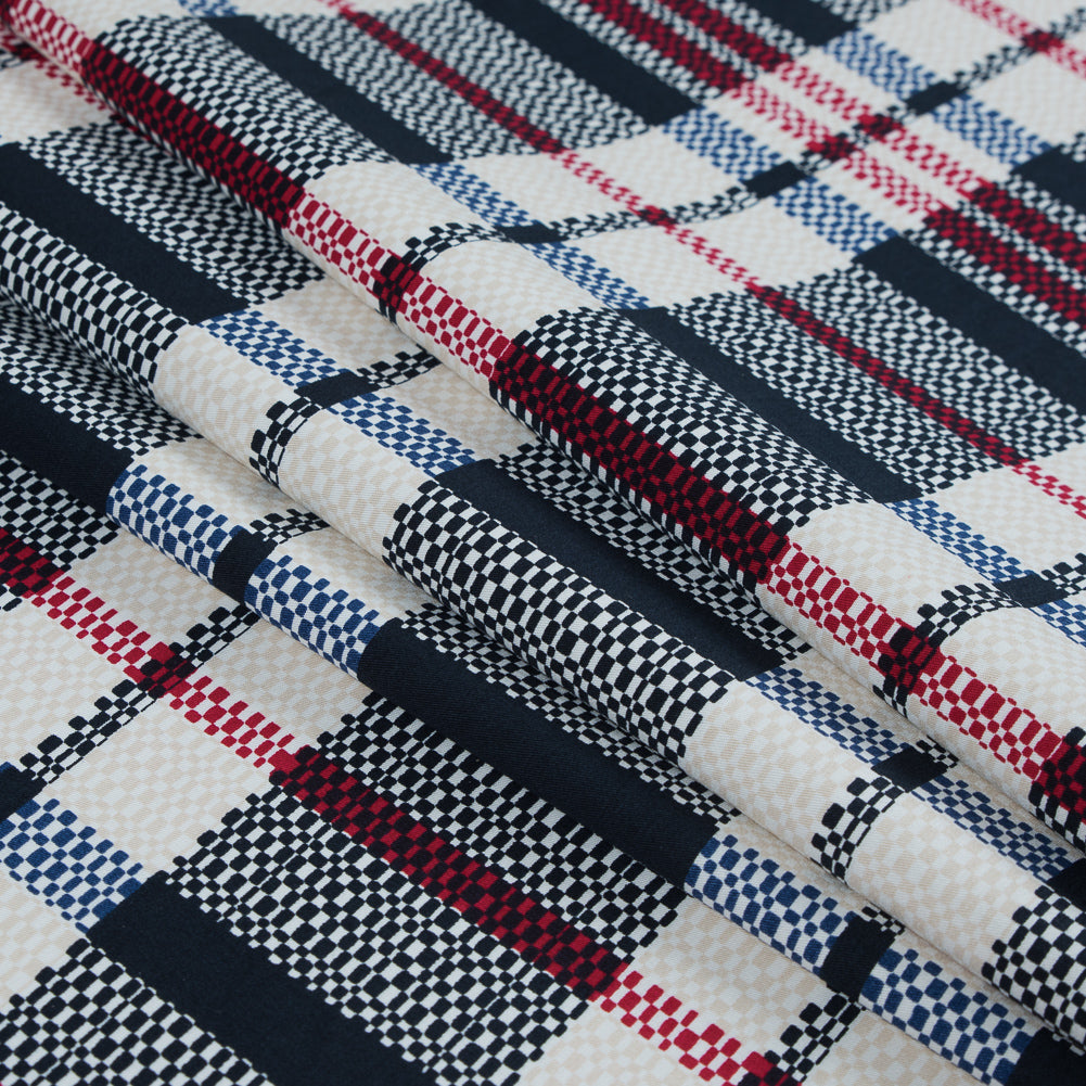 Dark Navy, Ribbon Red and White Swan Plaid Stretch Cotton Twill Detail