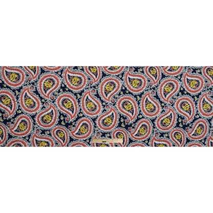 Black Iris, Melon and Cyber Yellow Paisley Stretch Cotton Sateen Folded