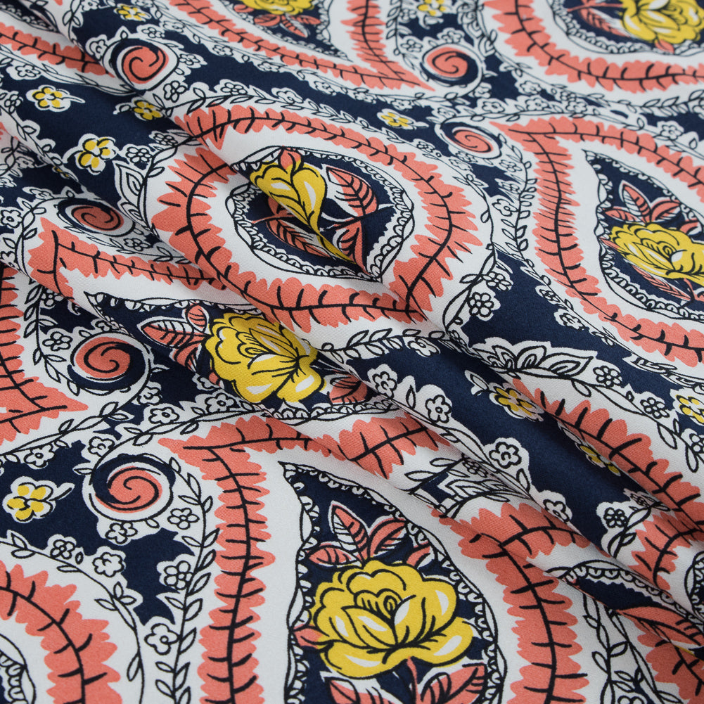 Black Iris, Melon and Cyber Yellow Paisley Stretch Cotton Sateen Detail