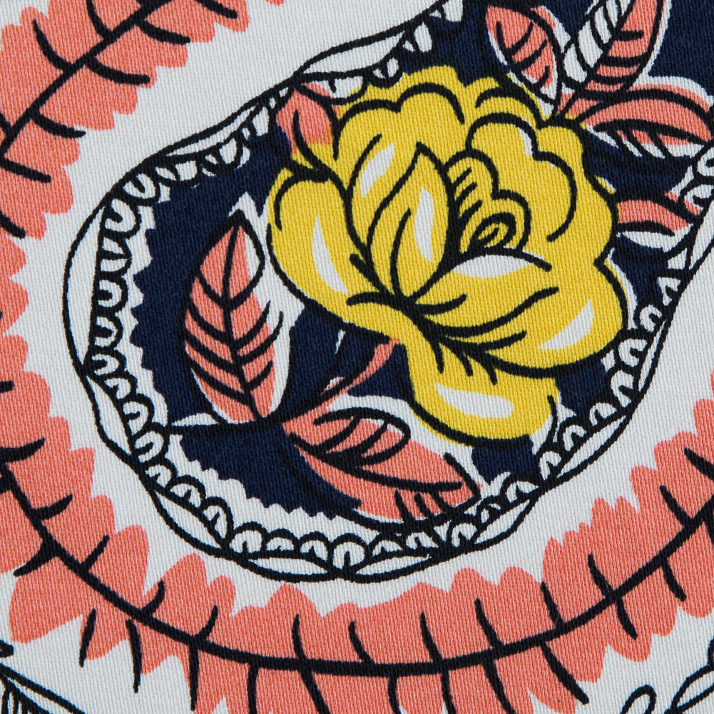 Black Iris, Melon and Cyber Yellow Paisley Stretch Cotton Sateen Full