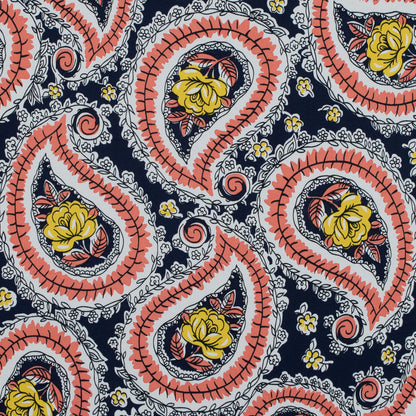 Black Iris, Melon and Cyber Yellow Paisley Stretch Cotton Sateen