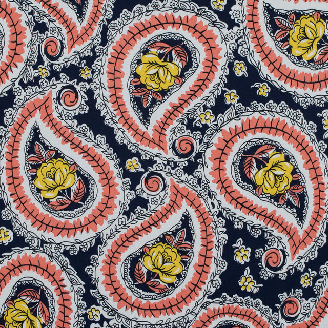 Black Iris, Melon and Cyber Yellow Paisley Stretch Cotton Sateen