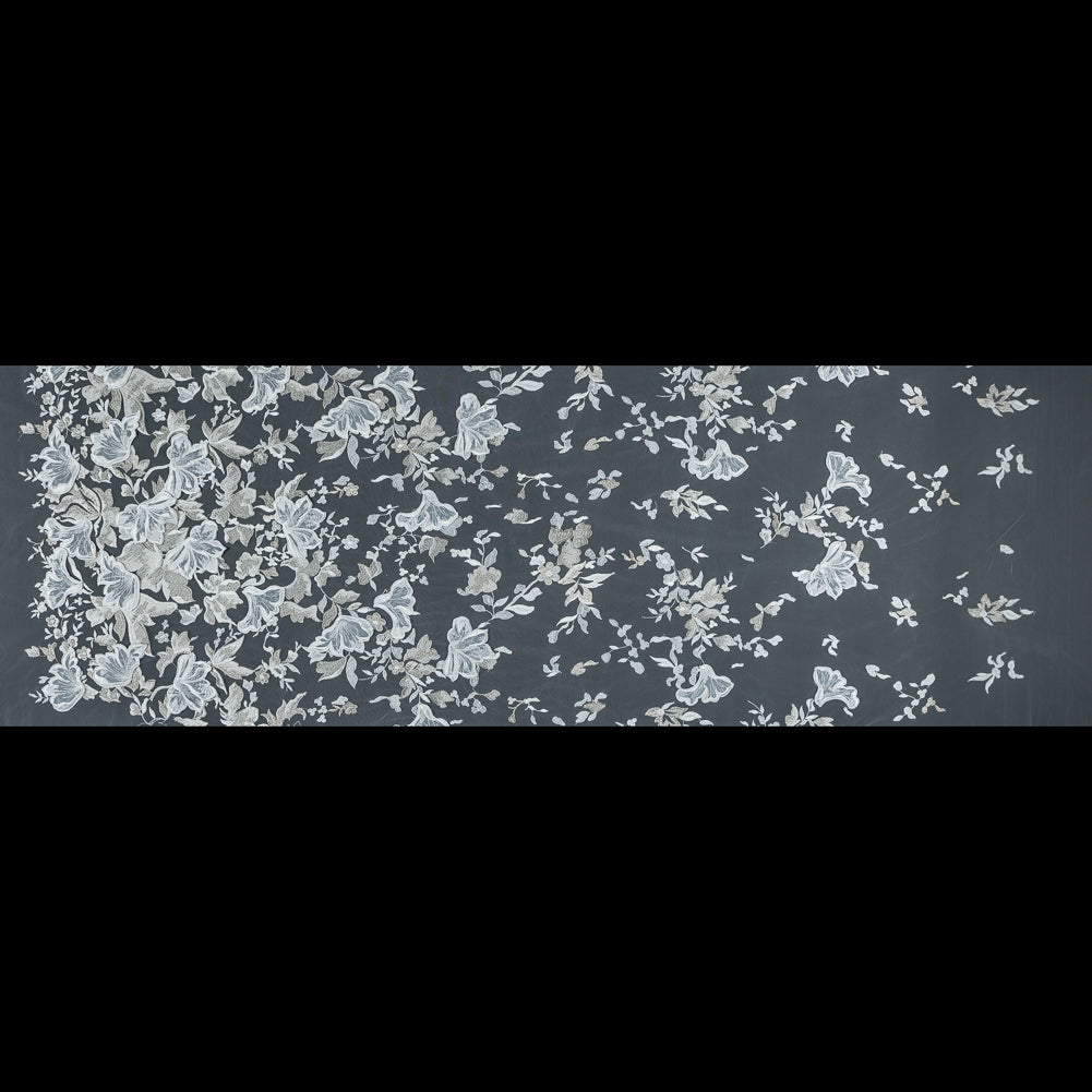White and Pale Gold 3D Floral Embroidered Lace on a White Netting - Folded