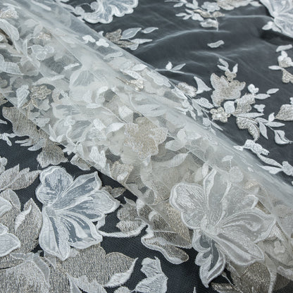 White and Pale Gold 3D Floral Embroidered Lace on a White Netting - Detail
