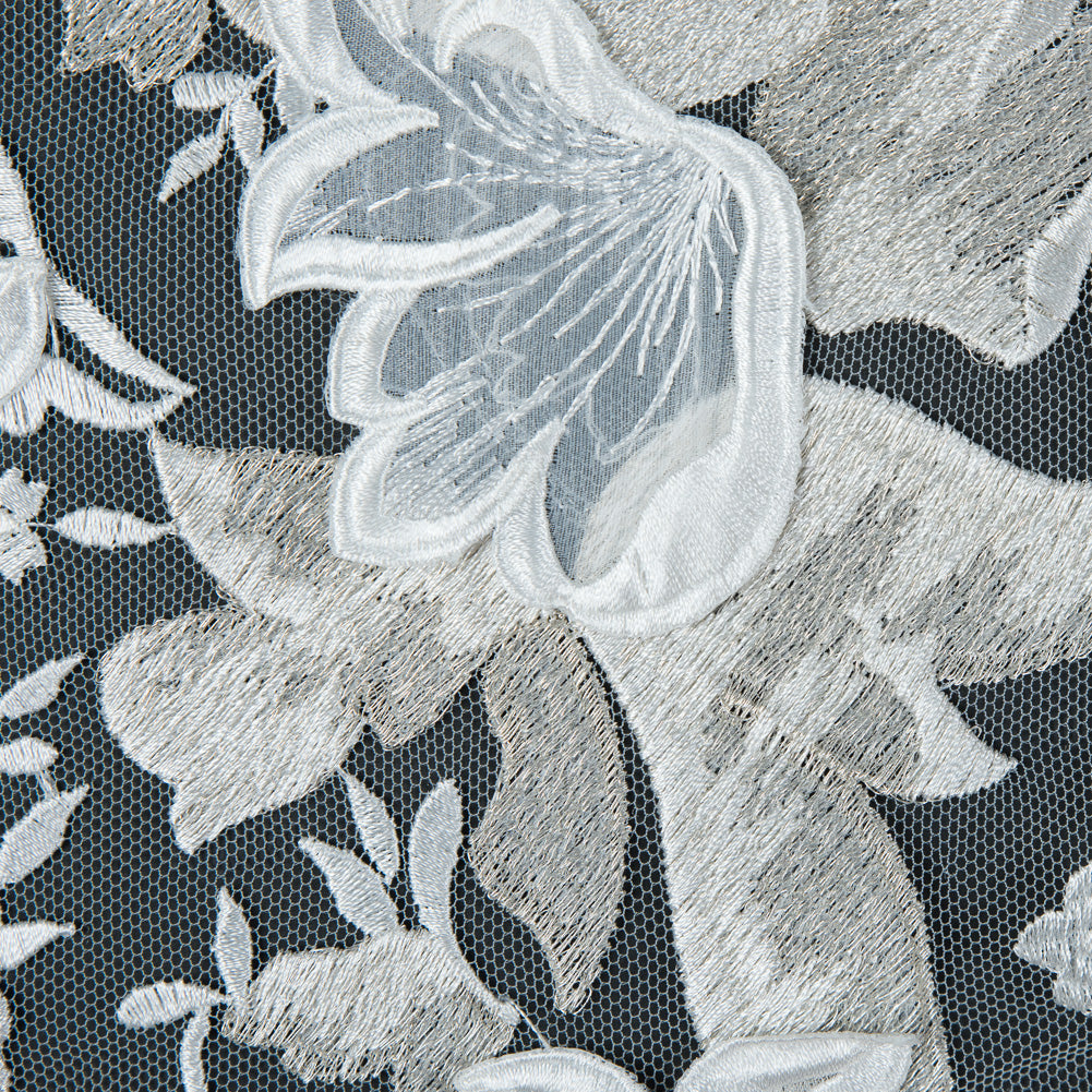White and Pale Gold 3D Floral Embroidered Lace on a White Netting - Full
