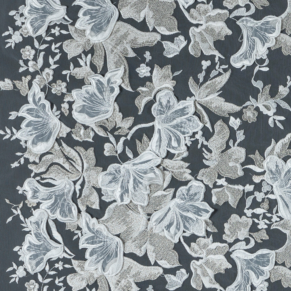 White and Pale Gold 3D Floral Embroidered Lace on a White Netting