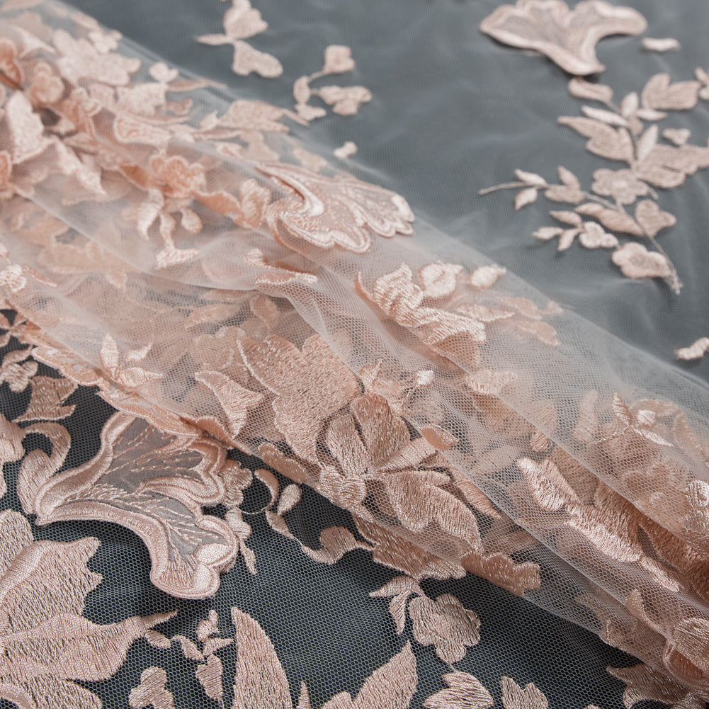 Blush 3D Floral Embroidered Lace on a Blush Netting - Detail