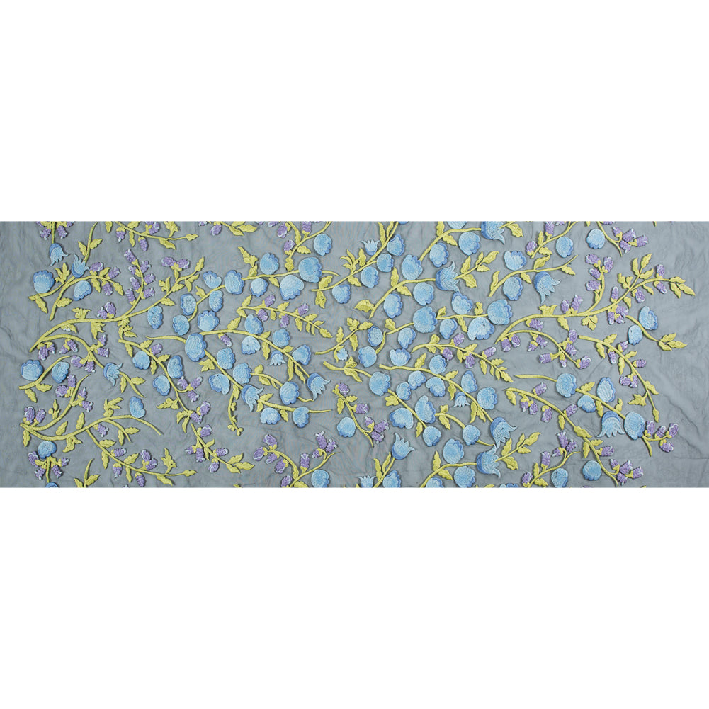 Sunny Lime, Orchid Bloom and Blue Bell Floral Embroidered Lace on Black Tulle - Folded