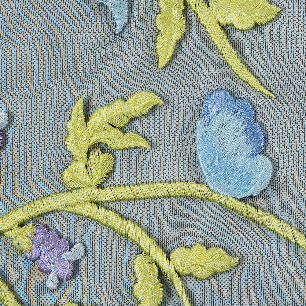 Sunny Lime, Orchid Bloom and Blue Bell Floral Embroidered Lace on Black Tulle - Full