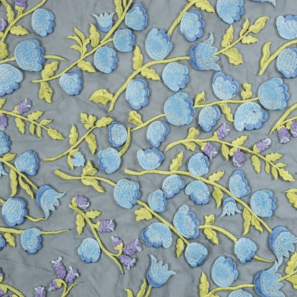 Sunny Lime, Orchid Bloom and Blue Bell Floral Embroidered Lace on Black Tulle