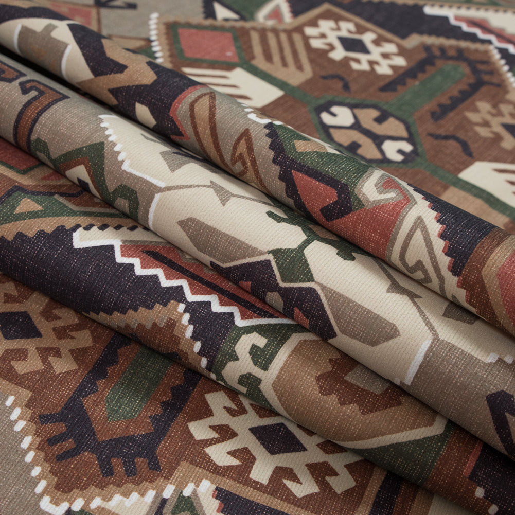 Brown and Green Aztec Printed Brushed Canvas - Folded