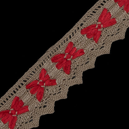 Beige and Red Crochet Chenille Trim - 1.5" Detail