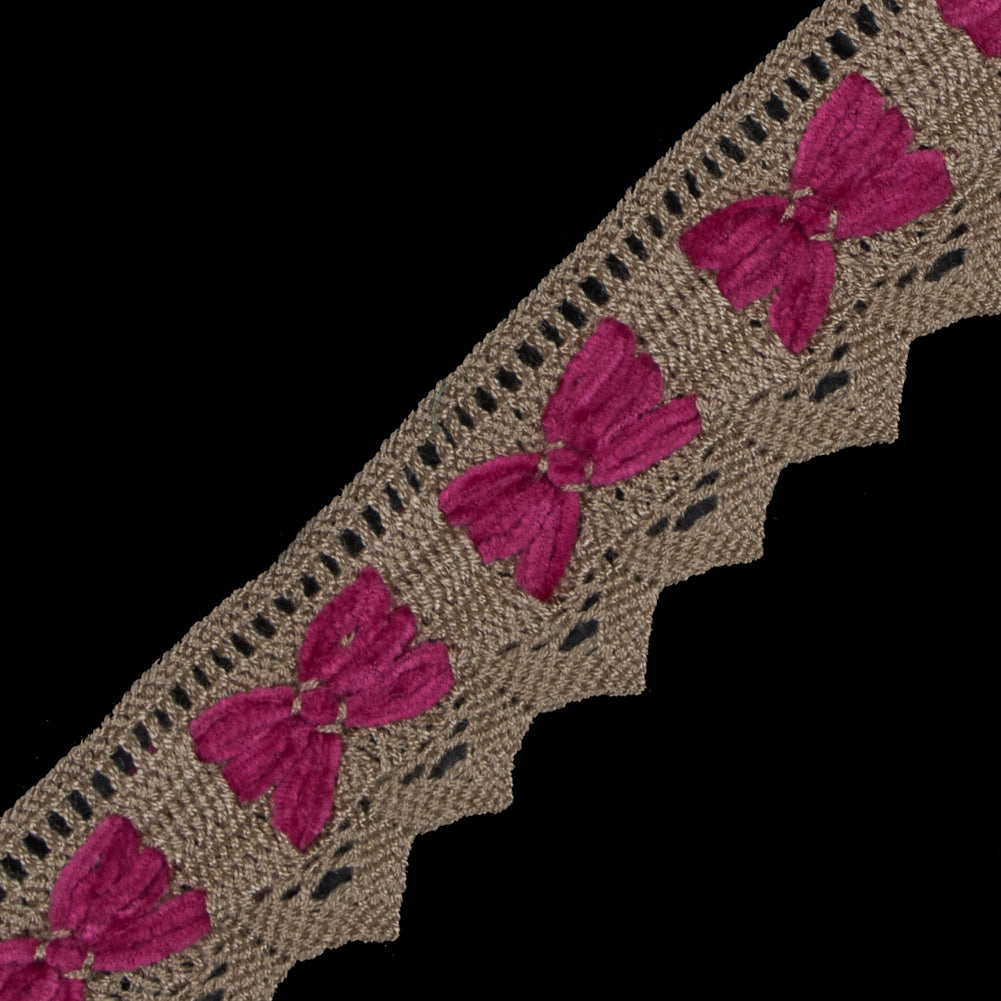 Beige and Fuchsia Crochet Chenille Trim - 1.5" Detail