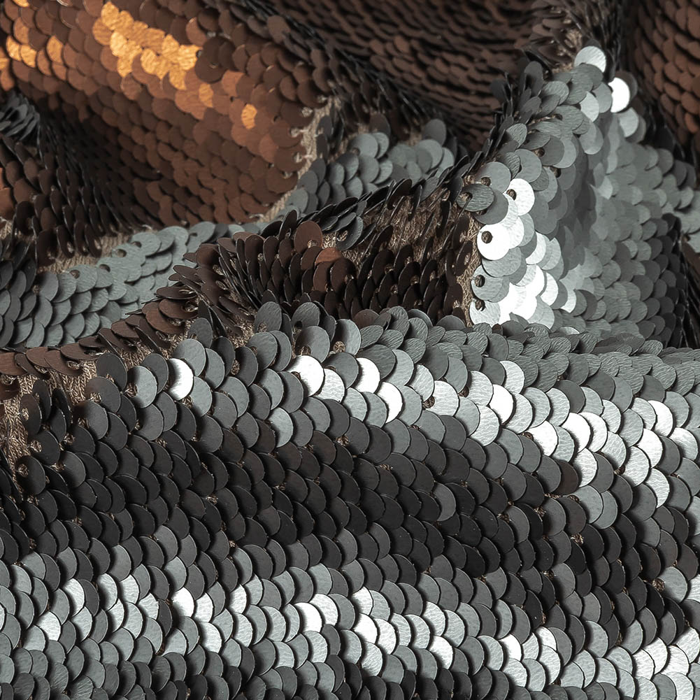 Two-Tone Two Penny and Liquid Luster Paillette Sequins on Heathered Roasted Cashew Rayon Stretch Jersey Backing - Detail