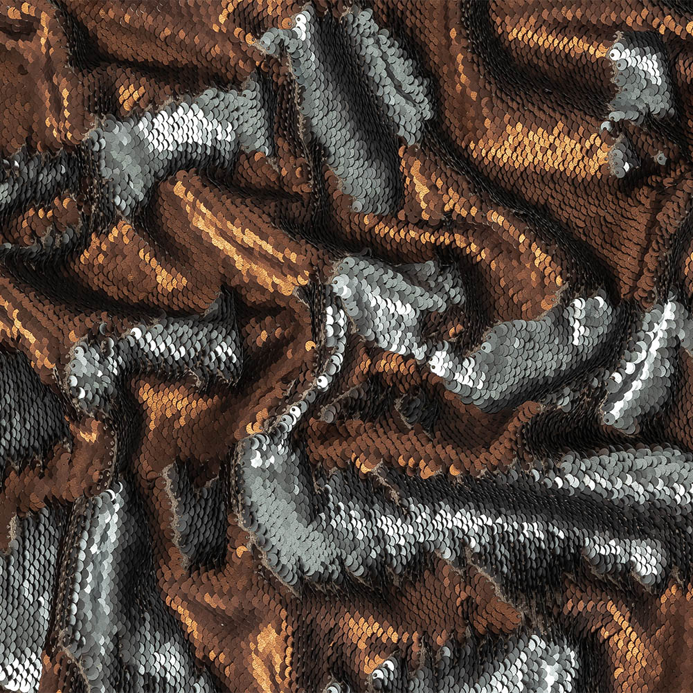 Two-Tone Two Penny and Liquid Luster Paillette Sequins on Heathered Roasted Cashew Rayon Stretch Jersey Backing