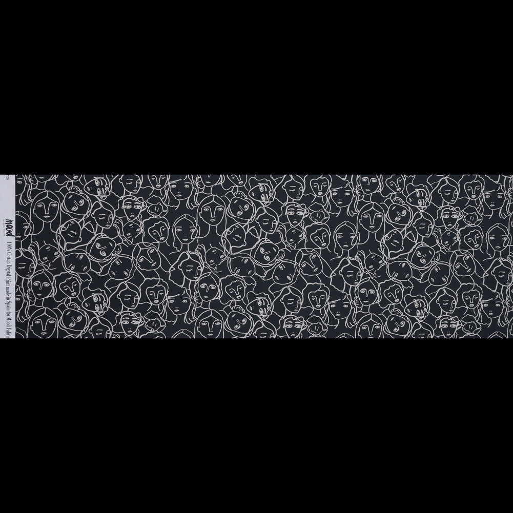 Cotton Poplin - Charcoal Linework Faces - Un dia en Andorra Print - Mood Exclusive Felipe Collection Folded