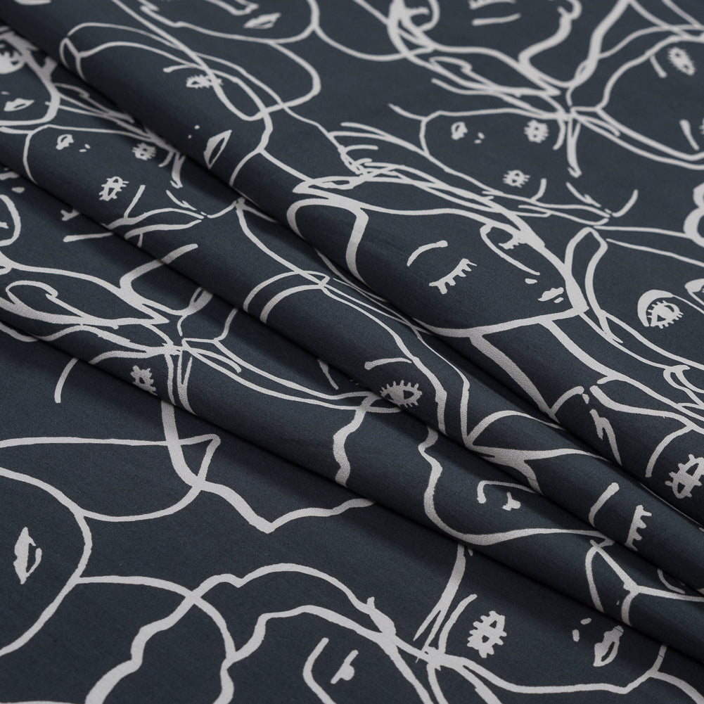 Cotton Poplin - Charcoal Linework Faces - Un dia en Andorra Print - Mood Exclusive Felipe Collection Detail
