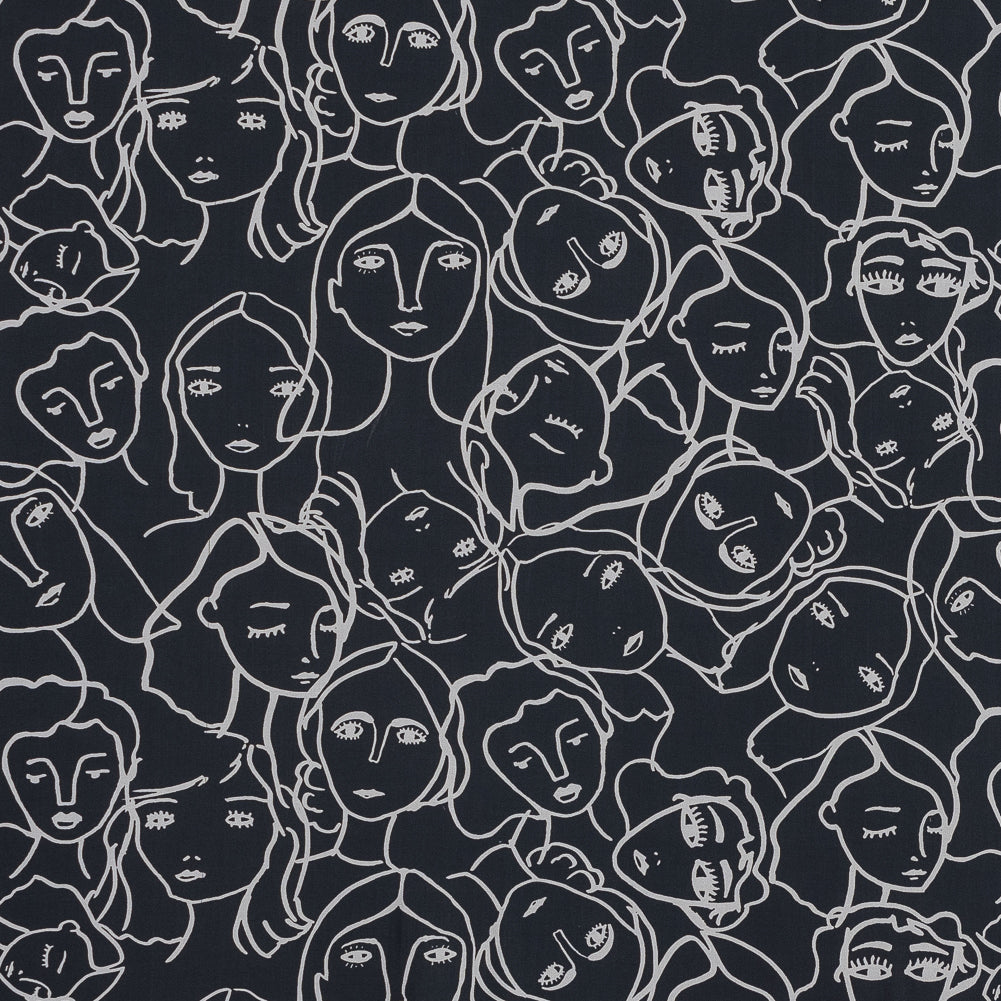 Cotton Poplin - Charcoal Linework Faces - Un dia en Andorra Print - Mood Exclusive Felipe Collection