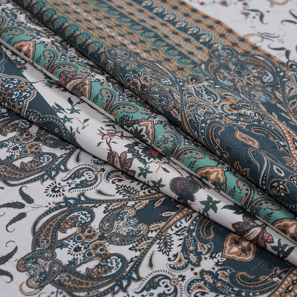 European Orange and Steel Paisley Patchwork Cotton Poplin Detail