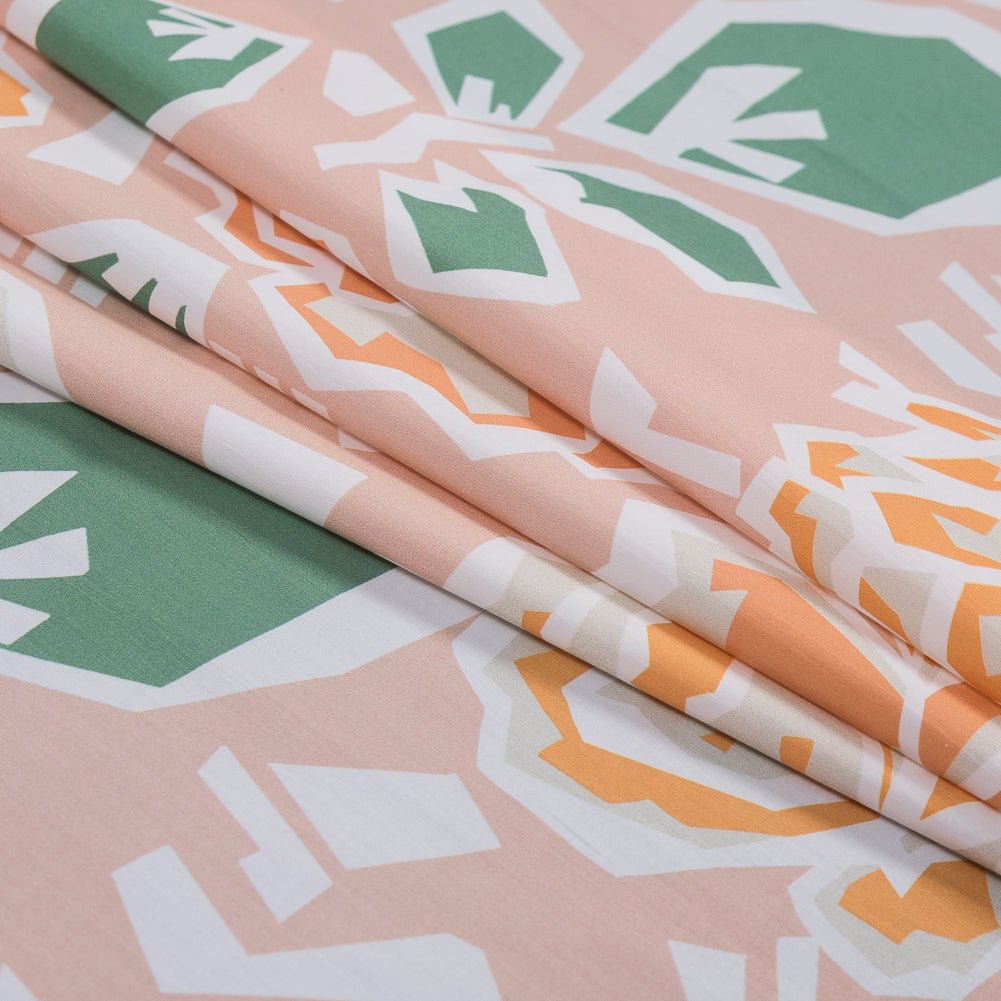 European Peach and Green Geometric Floral Cotton Poplin Folded